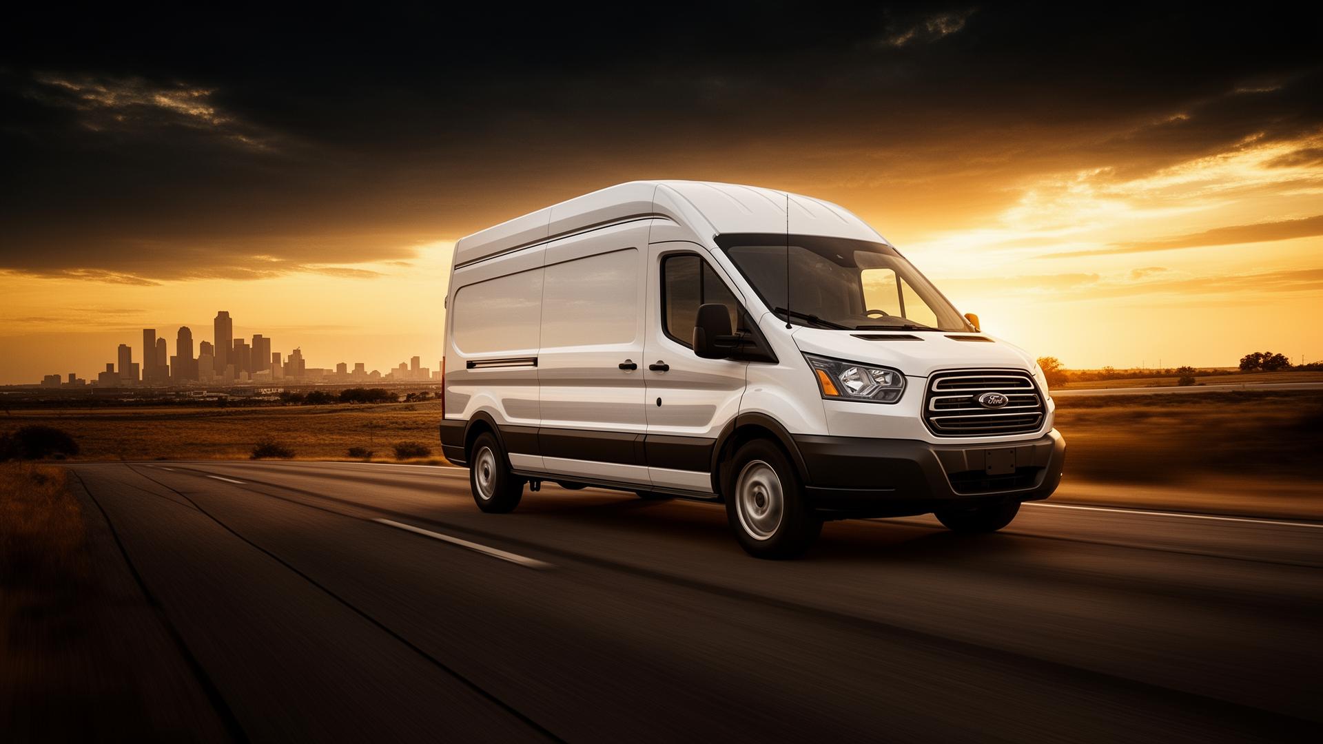 White Ford Transit 350 cargo van driving on a Texas highway at sunset